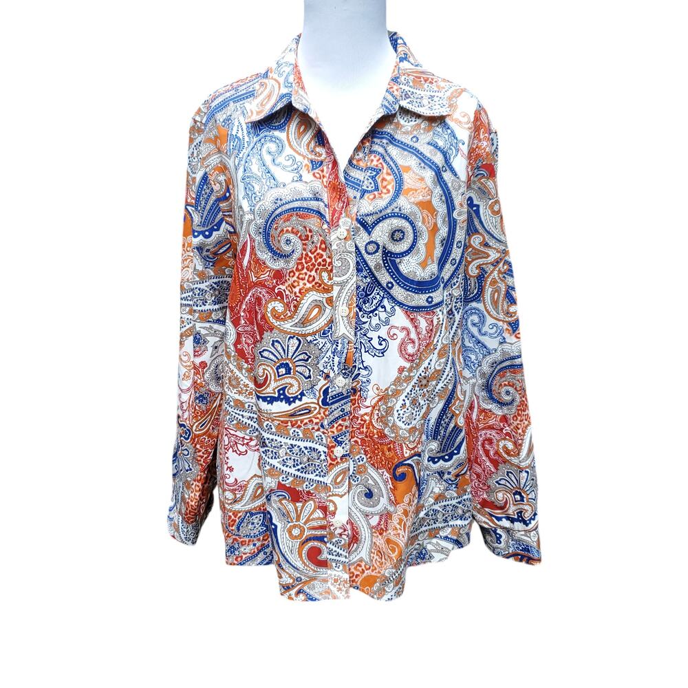 Chico's Sz 3 Button Down Blouse Top Wrinkle Resistant Paisley Orange Blue Sz XL